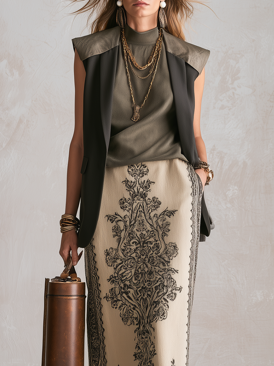 Adelaide | Olive Green Sleeveless Vest And Skirt Set — view 2