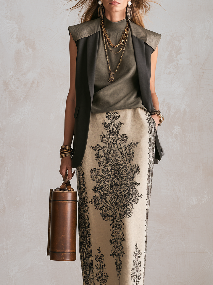 Adelaide | Olive Green Sleeveless Vest And Skirt Set — view 3