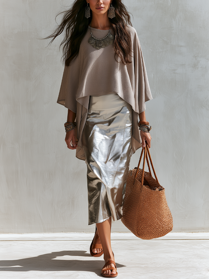 Violet | Taupe Draped Cape Top & Skirt Set