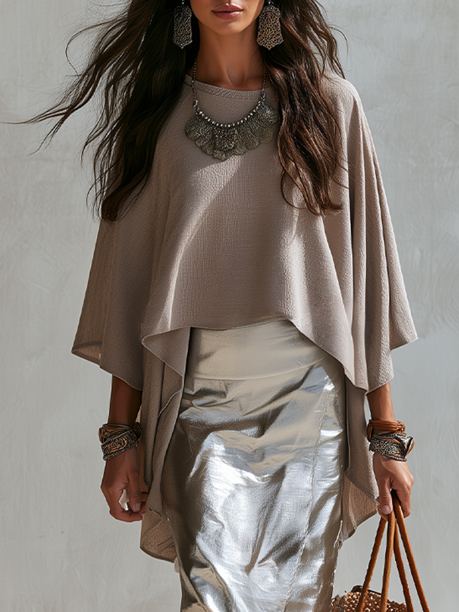 Violet | Taupe Draped Cape Top & Skirt Set — view 2