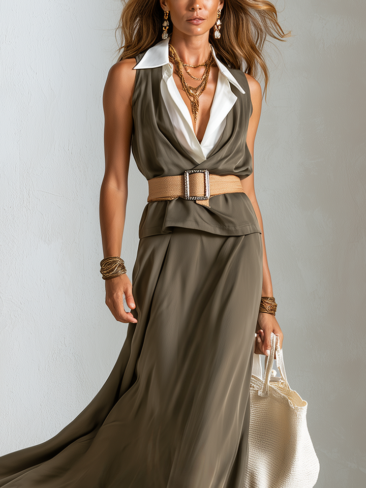 Ursula | Olive Green Lapel Maxi Dress — view 2