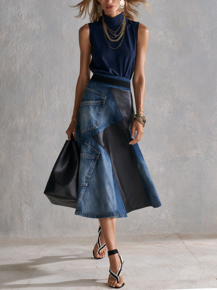 Tabitha | Blue Top Asymmetrical Denim Patchwork Skirt Set