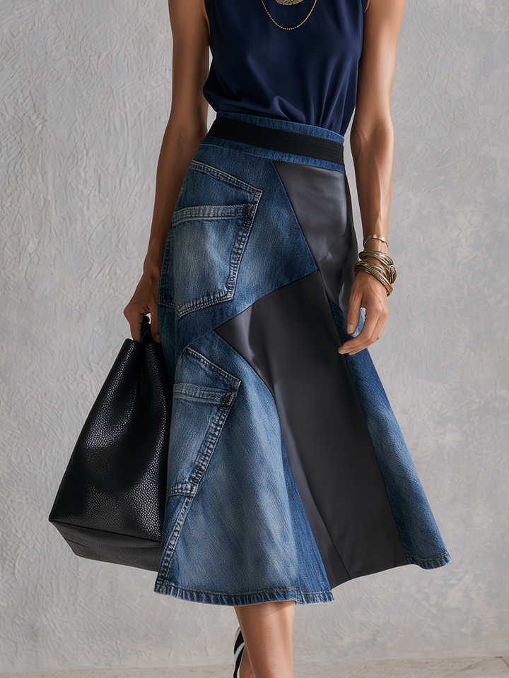 Tabitha | Blue Top Asymmetrical Denim Patchwork Skirt Set — view 3