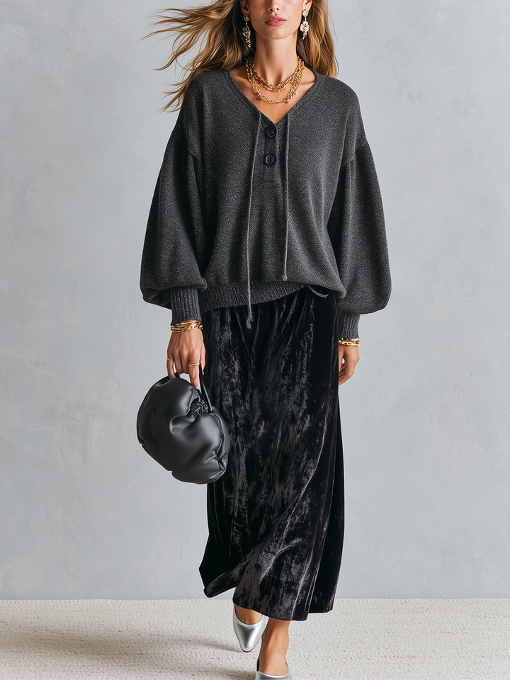 Sophia | Black Knit Top And Velvet Skirt Set