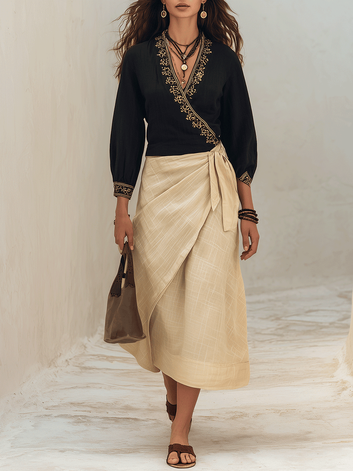 Lavinia | Chic Embroidered Black Top & Linen-Look Set