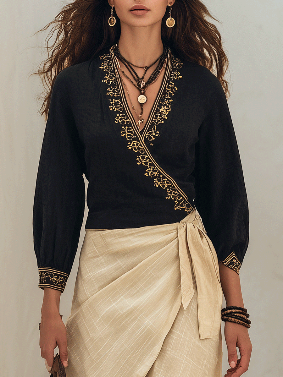 Lavinia | Chic Embroidered Black Top & Linen-Look Set — view 2