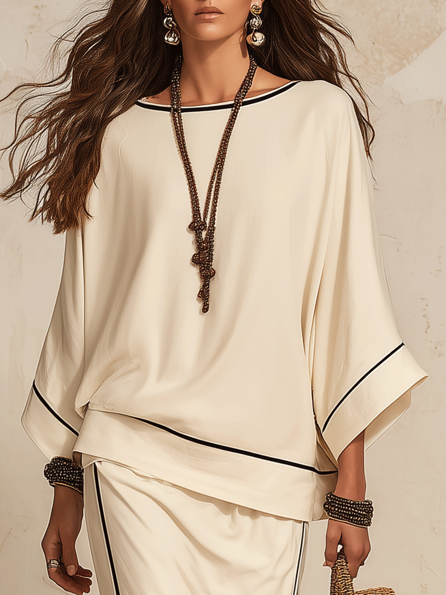 Margaret | Linen-Look Loose Side-Slit Beige Maxi Skirt Set — view 2