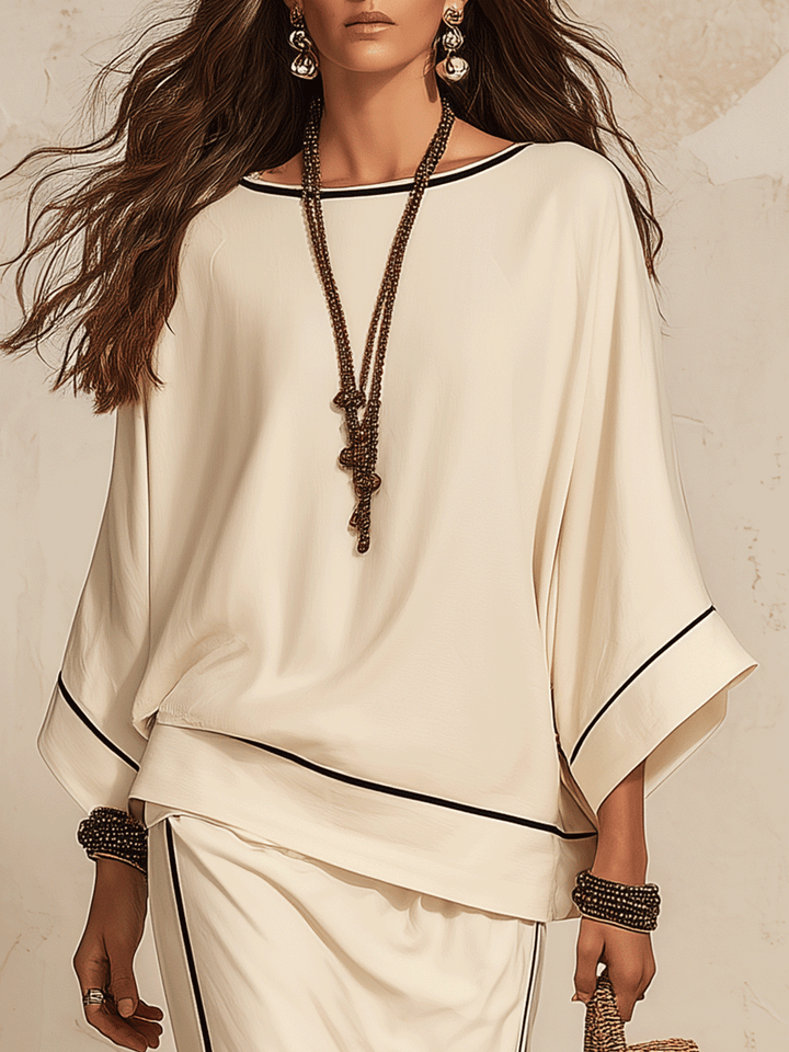 Margaret | Linen-Look Loose Side-Slit Beige Maxi Skirt Set — view 2