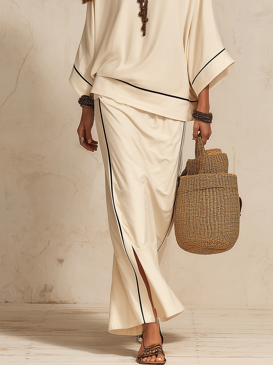 Margaret | Linen-Look Loose Side-Slit Beige Maxi Skirt Set — view 3