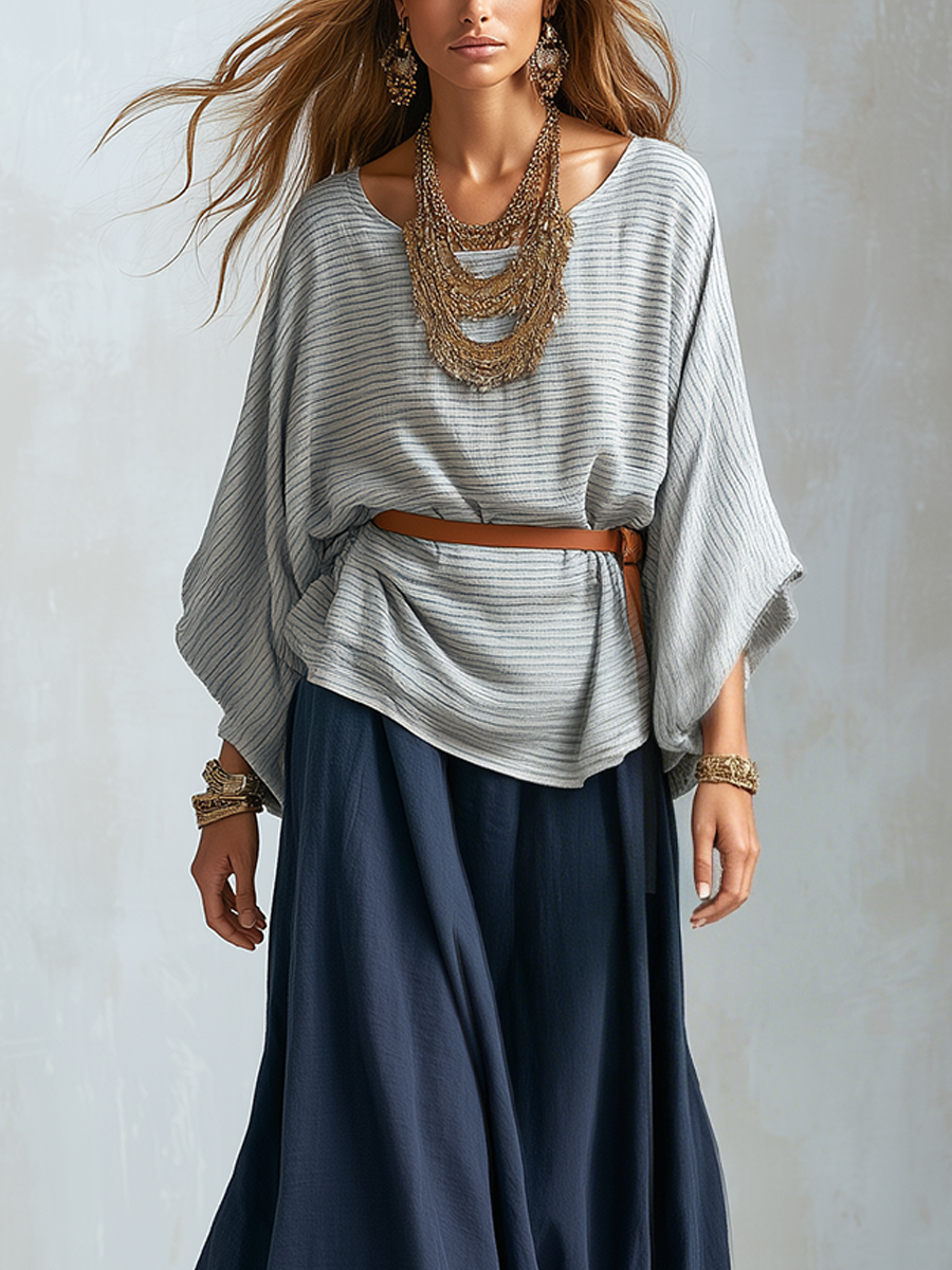 Juliet | Blue Textured Batwing Sleeve Top And Skirt Set — view 2
