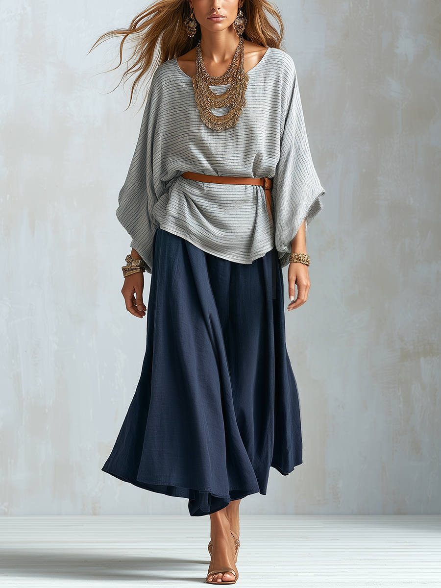 Juliet | Blue Textured Batwing Sleeve Top And Skirt Set