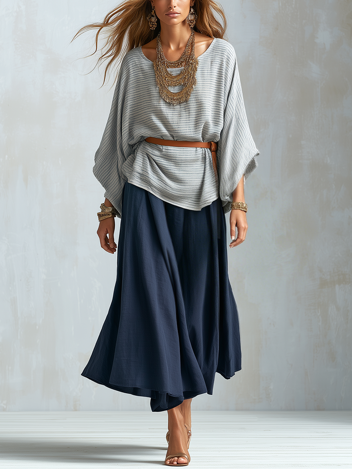 Juliet | Blue Textured Batwing Sleeve Top And Skirt Set