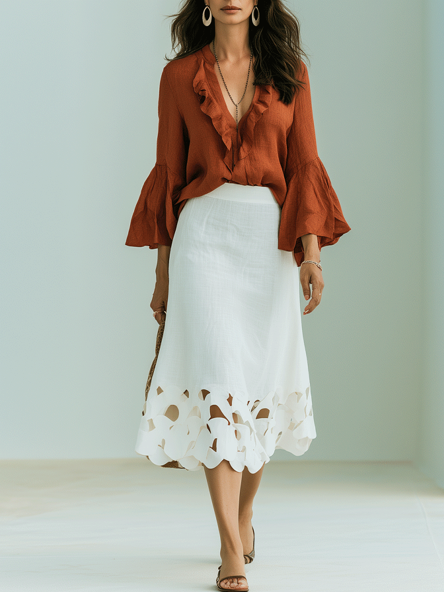 Harriet | Rust Ruffle Blouse & White Cutwork Set