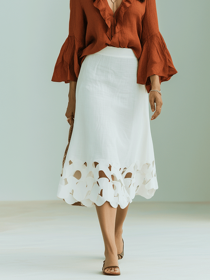 Harriet | Rust Ruffle Blouse & White Cutwork Set — view 3