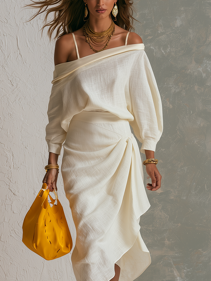 Abigail | White Cotton Linen-Look Off Shoulder Top And Set — view 2