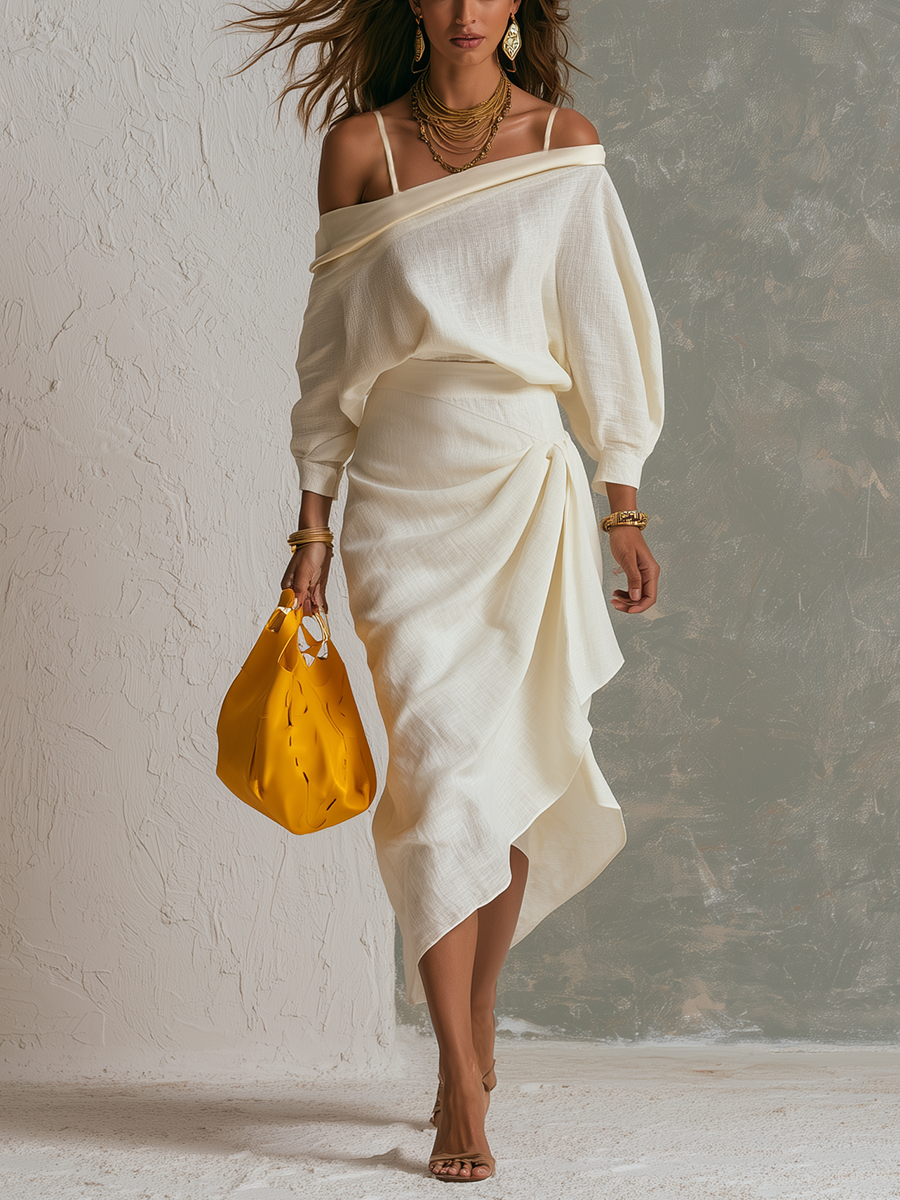 Abigail | White Cotton Linen-Look Off Shoulder Top And Set