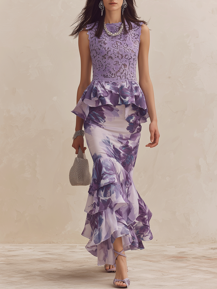 Beatrice | Elegant Lace-Bodice Floral Ruffle Mermaid Lavender Set