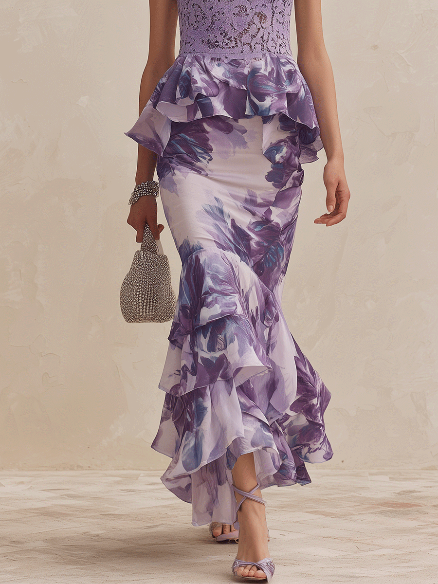 Beatrice | Elegant Lace-Bodice Floral Ruffle Mermaid Lavender Set — view 3