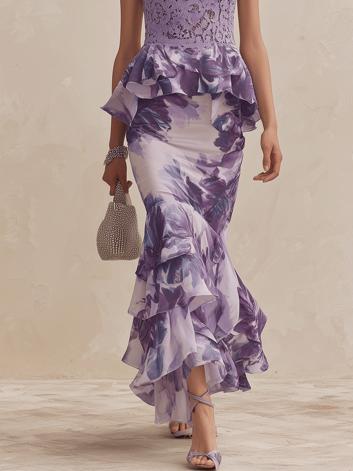 Beatrice | Elegant Lace-Bodice Floral Ruffle Mermaid Lavender Set — view 3