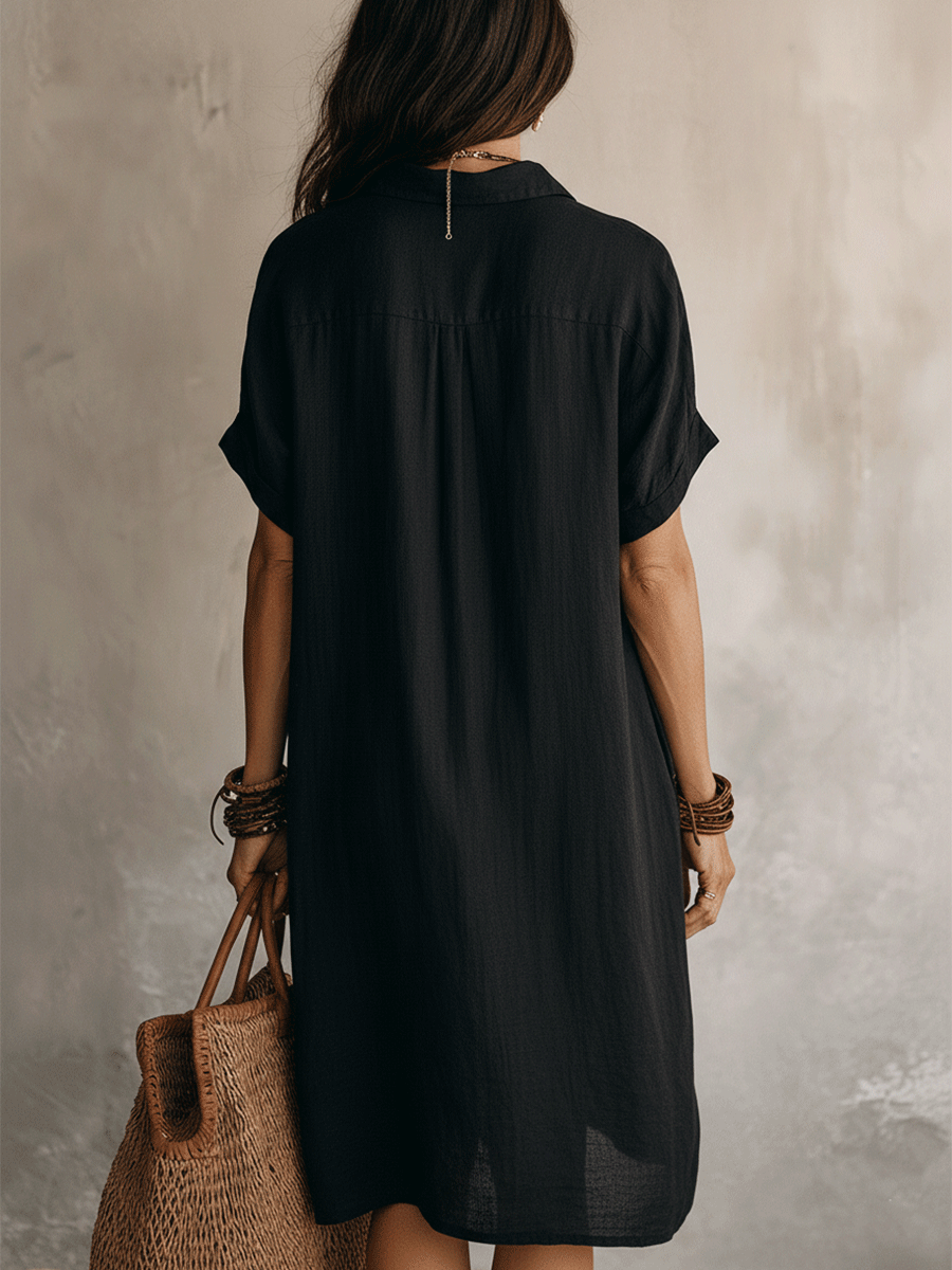 Georgie | Black Linen Relaxed Midi Dress — view 8