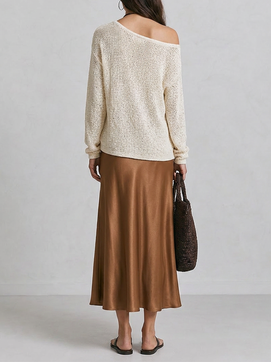 Winifred | Brown Slouchy One-Shoulder Long Sleeve Knit Pullover Set — view 2
