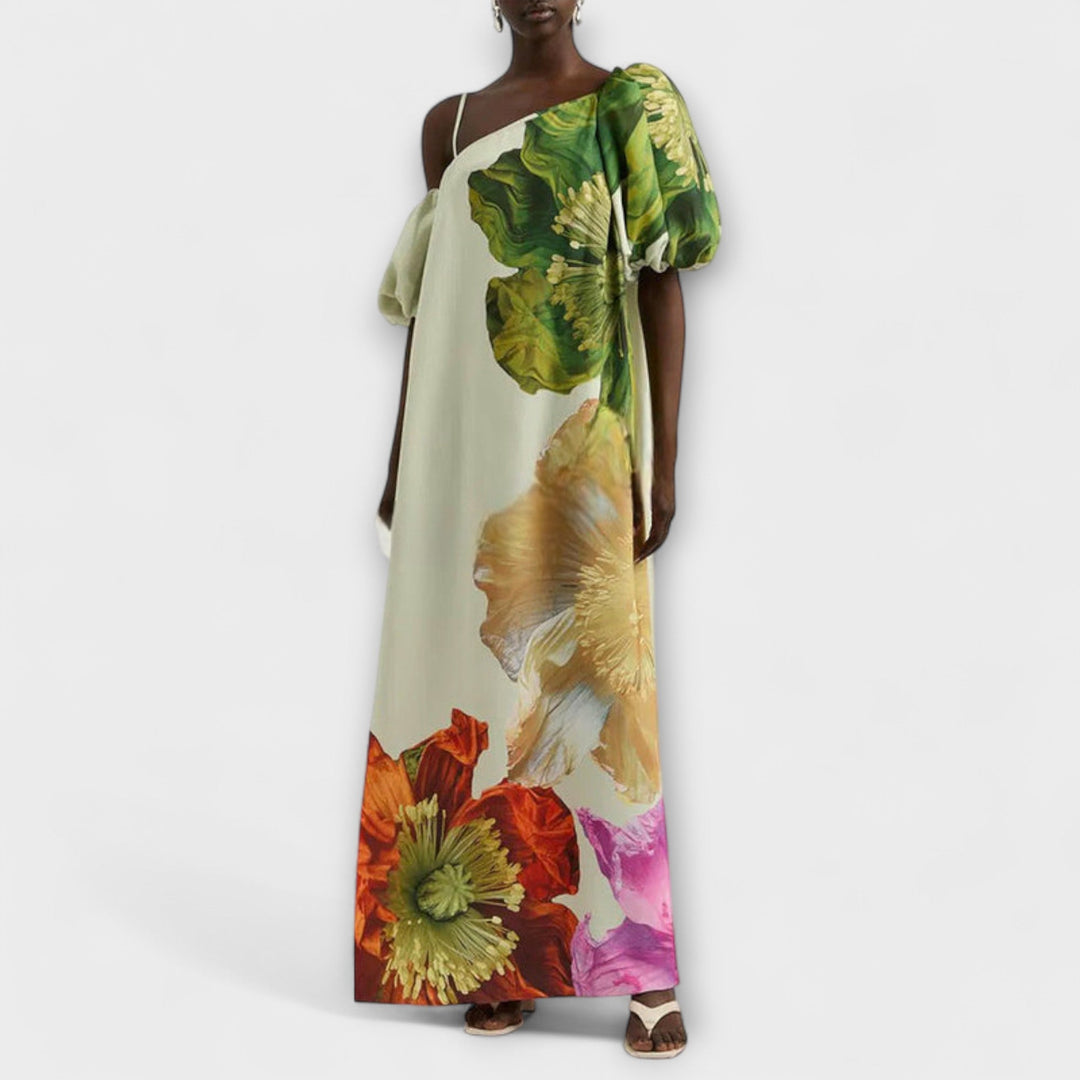 Skylar | Floral Print Maxi Dress, Asymmetrical Neckline and Balloon Sleeves