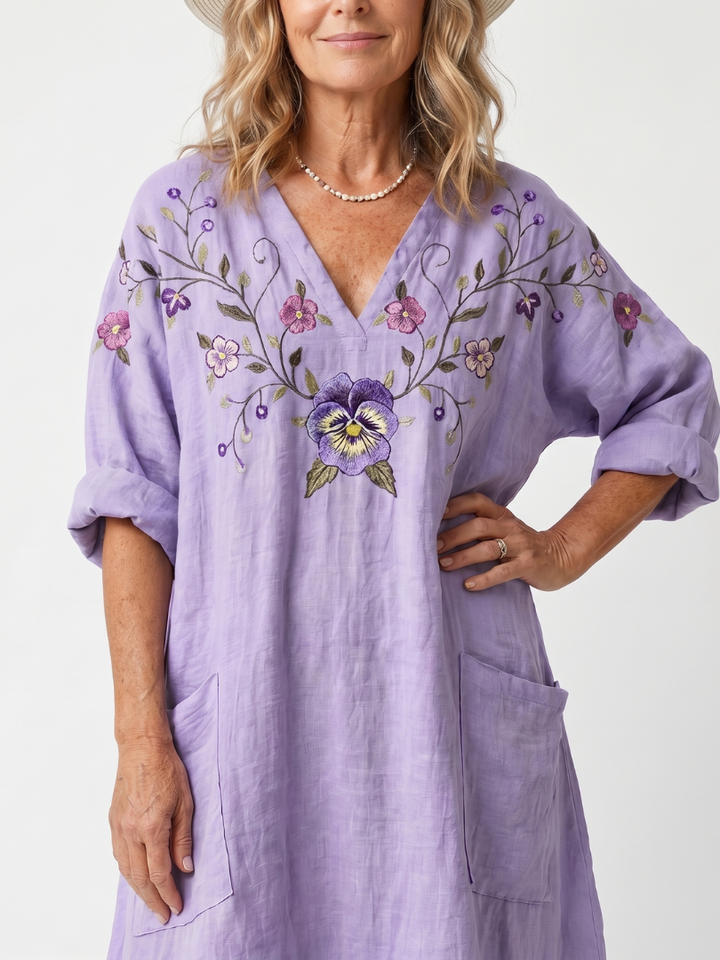 Tavi | Floral Embroidered Oversized Pocket Midi Dress — view 3