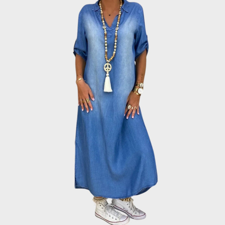 Lea | Long Denim Effect Dress with Side Slit