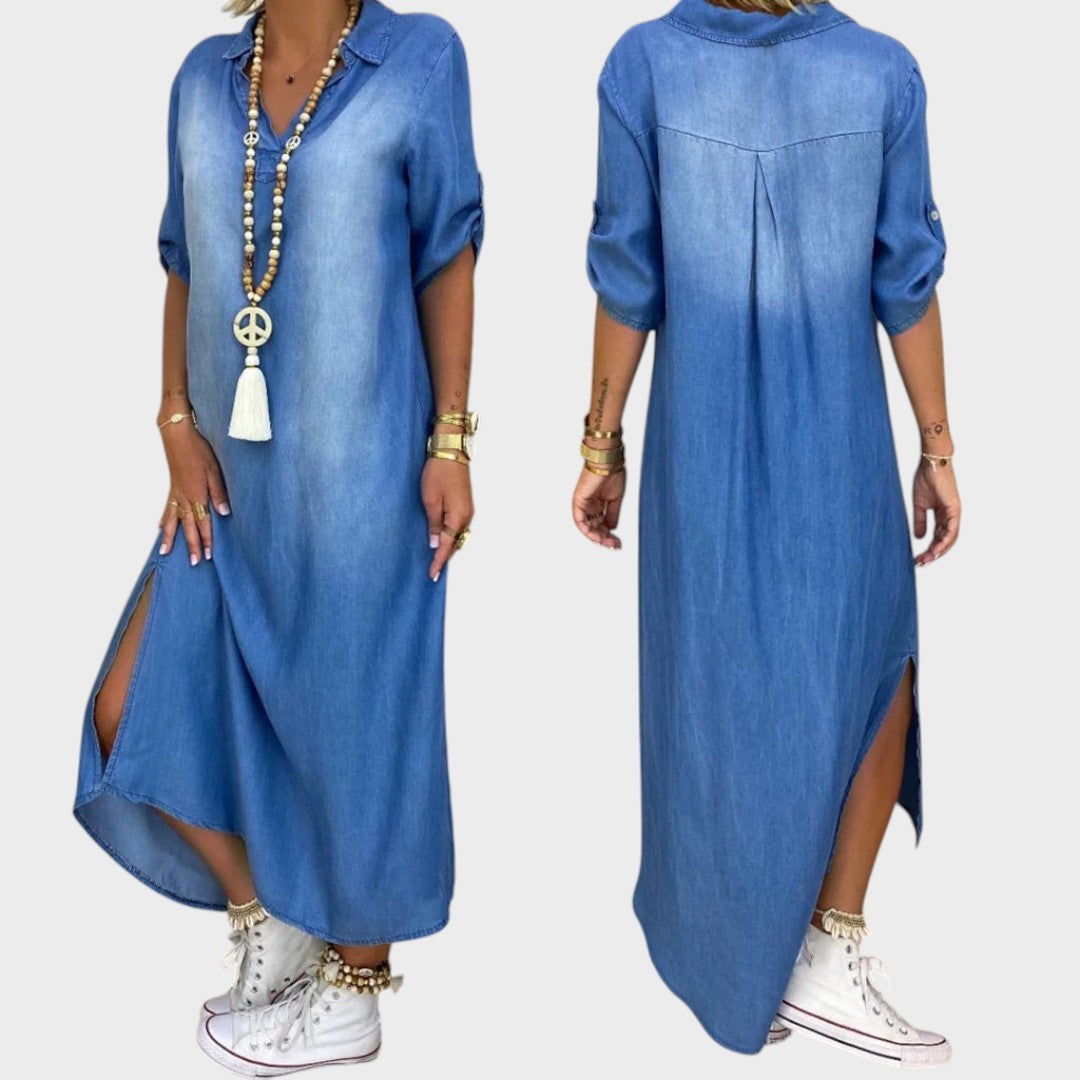 Lea | Long Denim Effect Dress with Side Slit