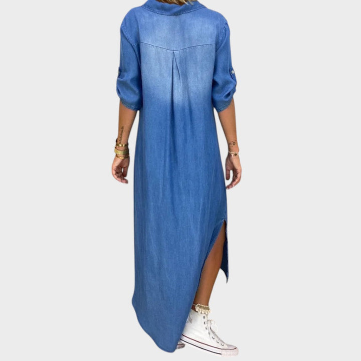 Lea | Long Denim Effect Dress with Side Slit