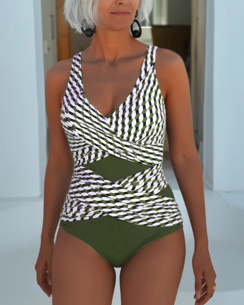 Ashley | Brown Print Swimsuit with Cross Over Design for Resort Casual Wear — view 3