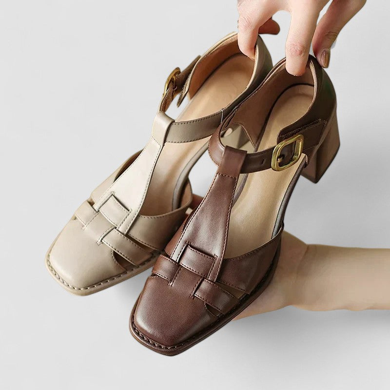 Elyxiana | Brown Block Heel T-Strap Heels — view 2
