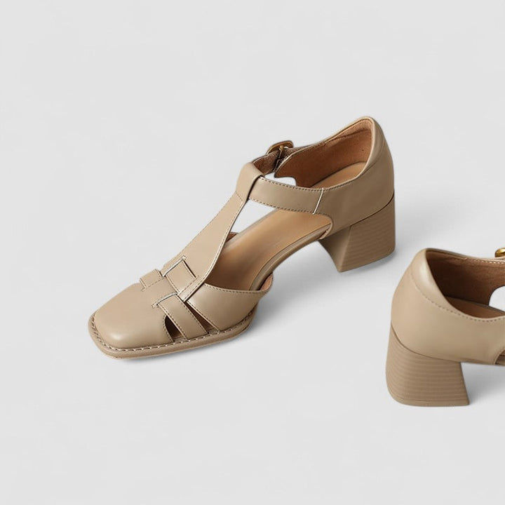 Elyxiana | Brown Block Heel T-Strap Heels — view 5