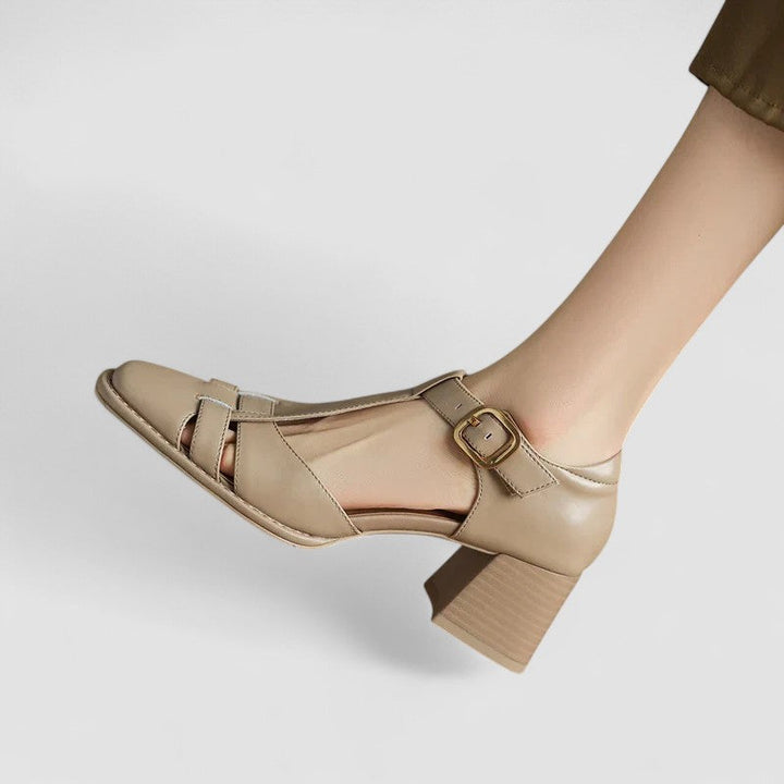 Elyxiana | Brown Block Heel T-Strap Heels — view 3