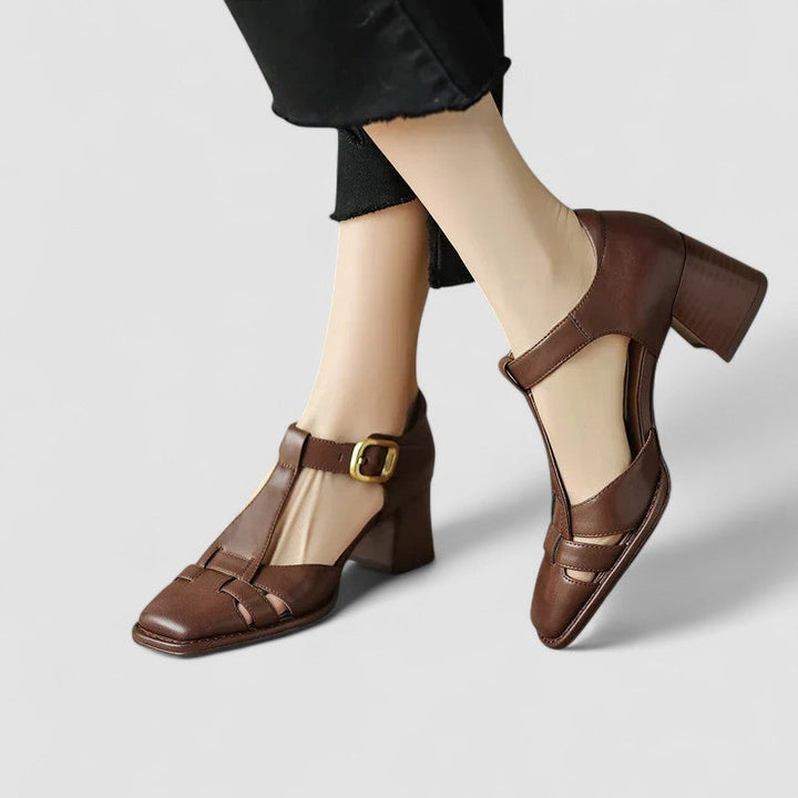 Elyxiana | Brown Block Heel T-Strap Heels