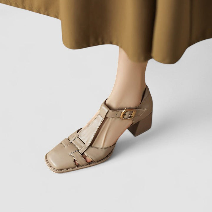 Elyxiana | Brown Block Heel T-Strap Heels — view 4