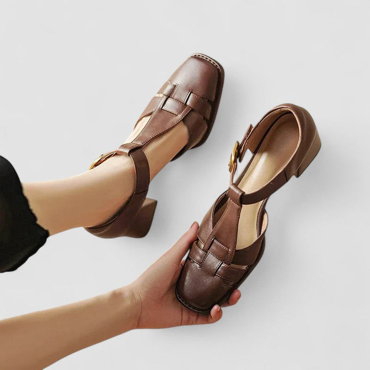Elyxiana | Brown Block Heel T-Strap Heels — view 6
