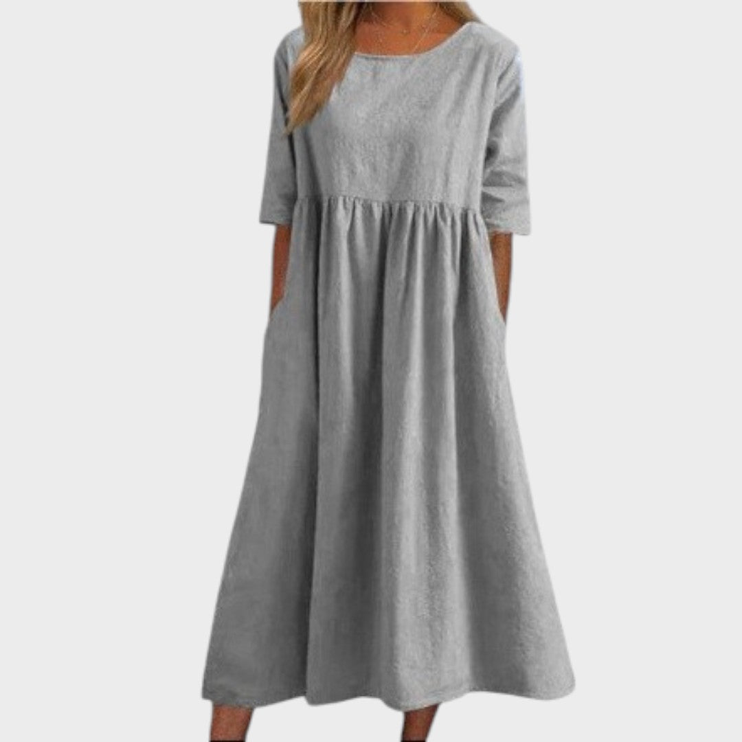 Lucia | Cotton Dress with Round Neck and Waist Detail