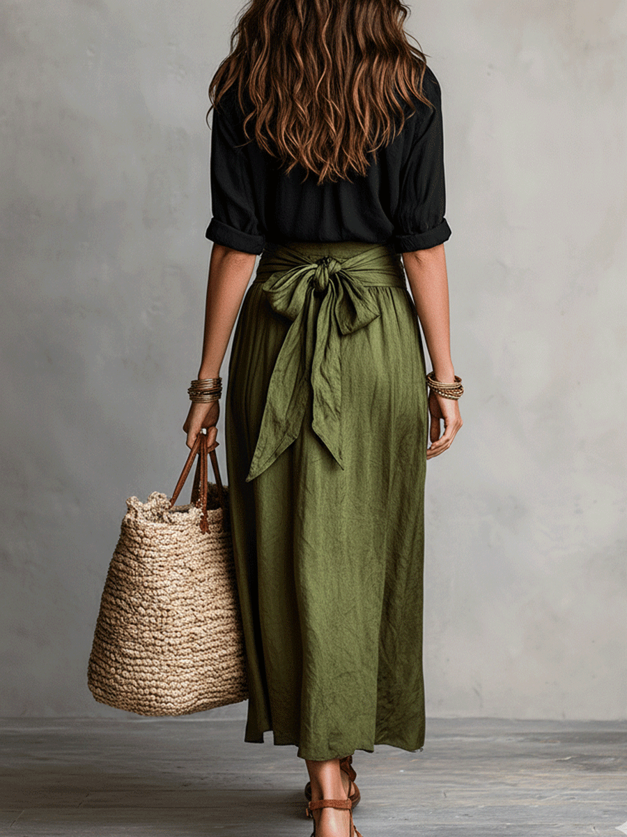 Holly | Black Satin Midi Skirt & Blouse Set — view 3