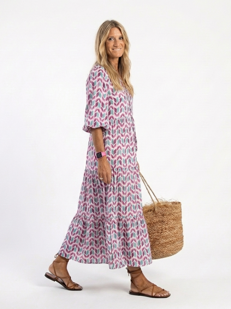 Mireya | Geometric Print Long Sleeve Tiered Midi Dress — view 2