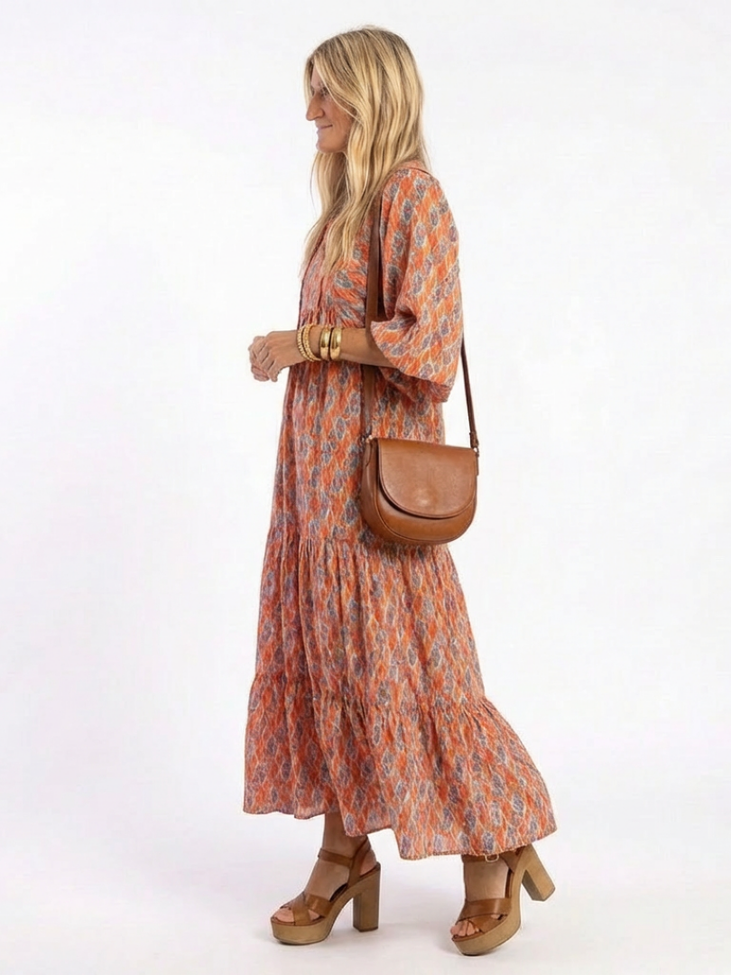 Marisette | Geometric Print V-Neck Tiered Midi Dress — view 2