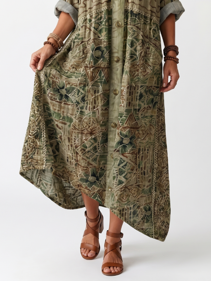 Aleta | Button Front Embroidered Oversized Pocket Midi Dress — view 3