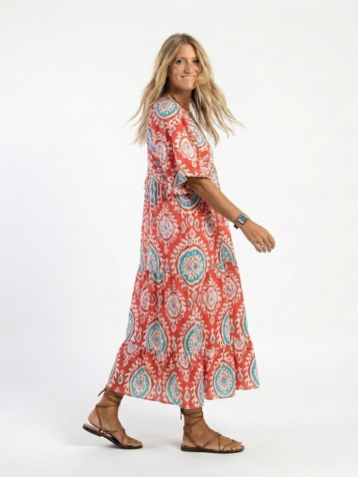 Zaria | Paisley Print V-Neck Short Sleeve Midi Dress — view 2