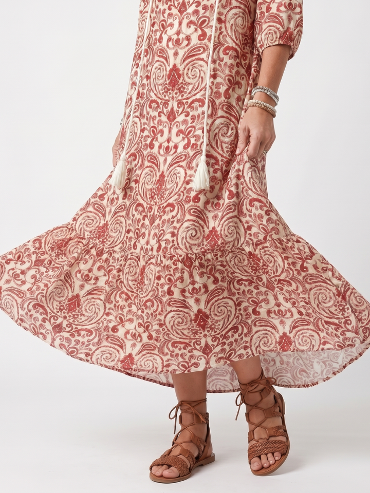 Noelle | Ornate Print Tassel Tie Midi Dress — view 3