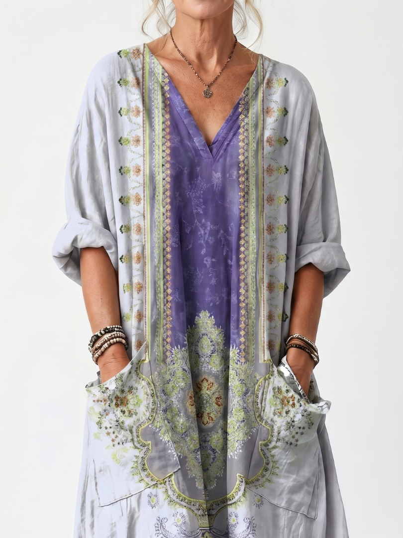Raina | Contrast Panel Embroidered Oversized Pocket Midi Dress — view 3