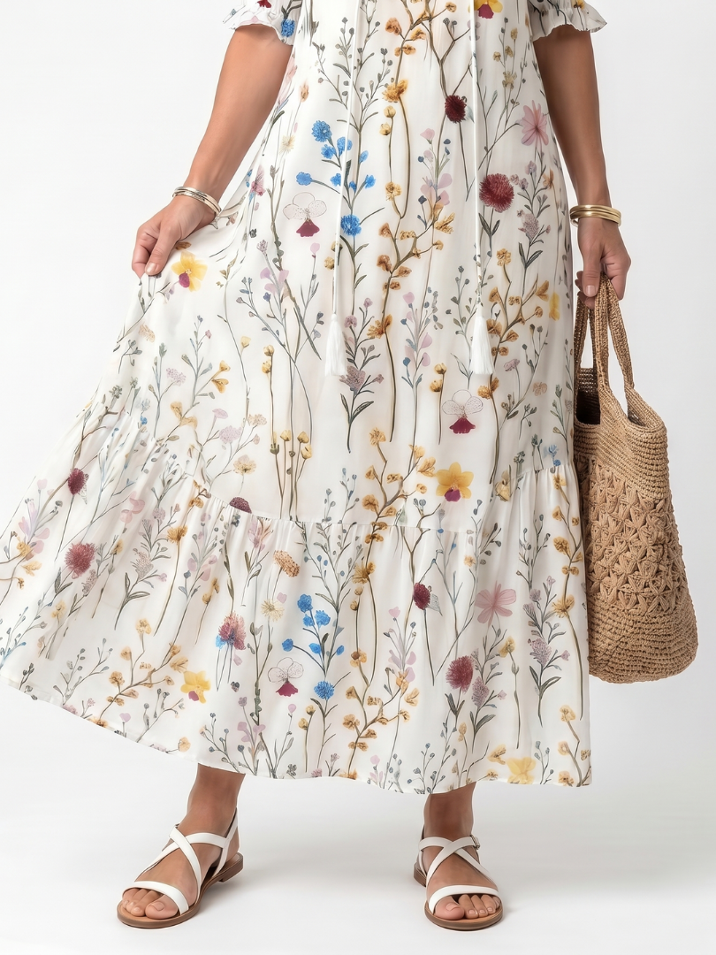 Sylvie | Botanical Print Tassel Tie Midi Dress — view 3