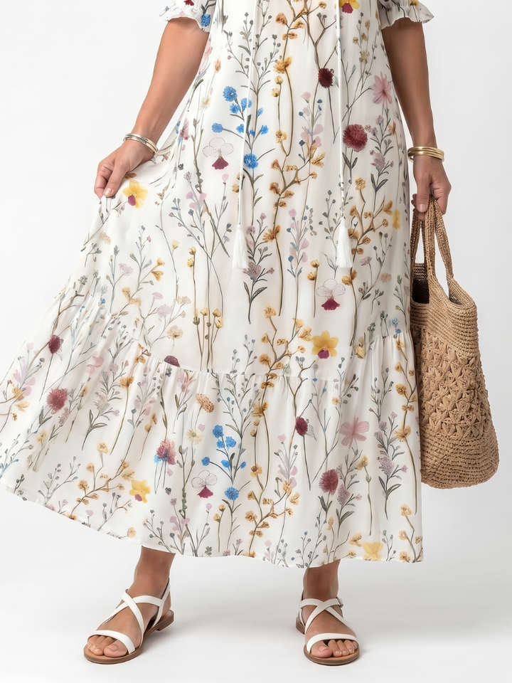 Sylvie | Botanical Print Tassel Tie Midi Dress — view 3