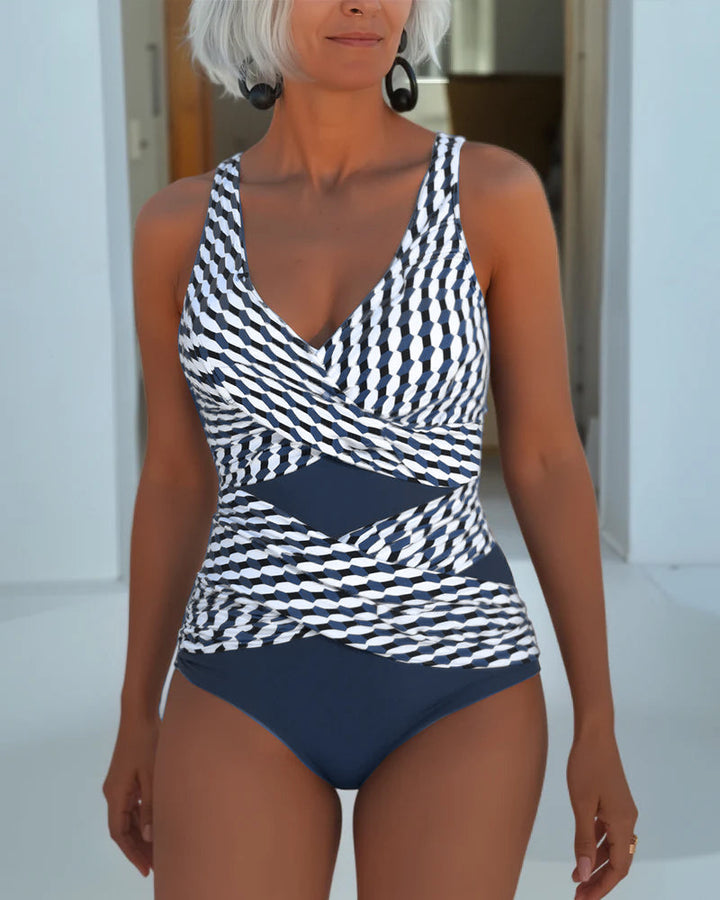 Ashley | Brown Print Swimsuit with Cross Over Design for Resort Casual Wear — view 2