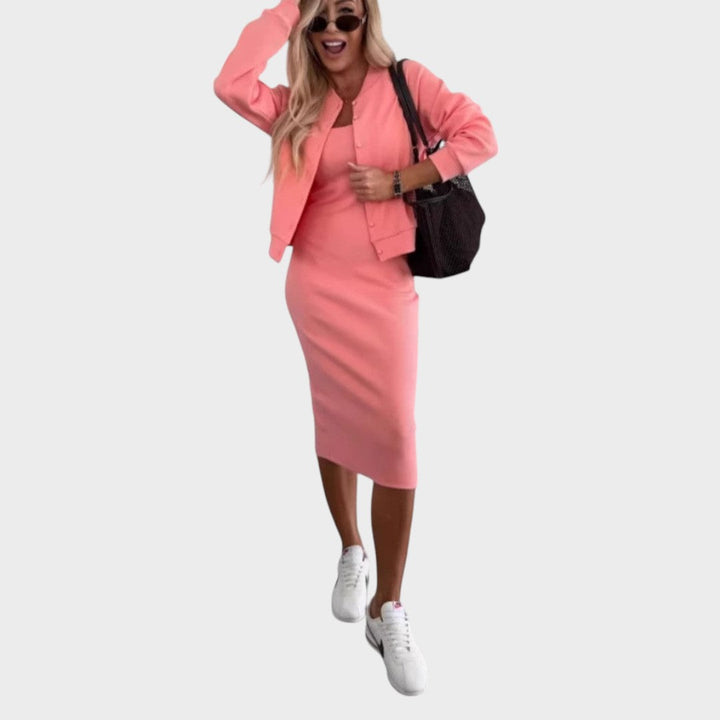 Karin | Midi Dress and Ribbed Bomber Jacket Set