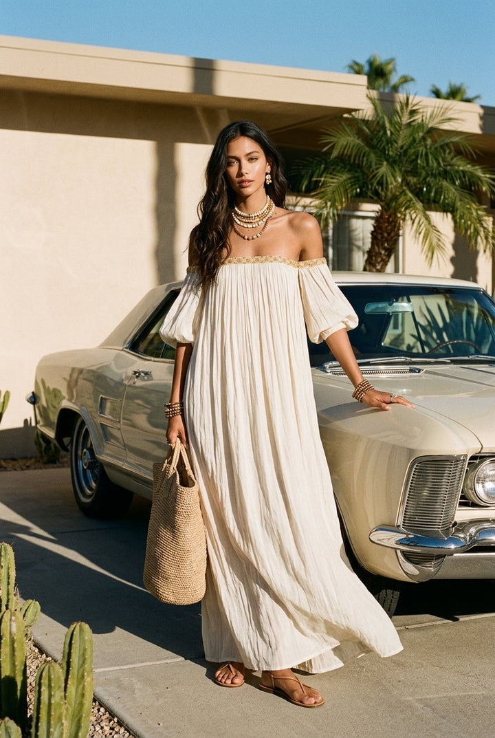 Inez | Pleated Off-Shoulder Maxi Dress — view 2